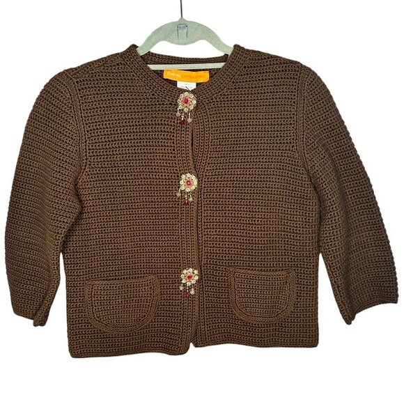 Cynthia Steffe Cardigan‎ Sweater Brown Knit Crocheted Embellished Buttons XS - Picture 1 of 8